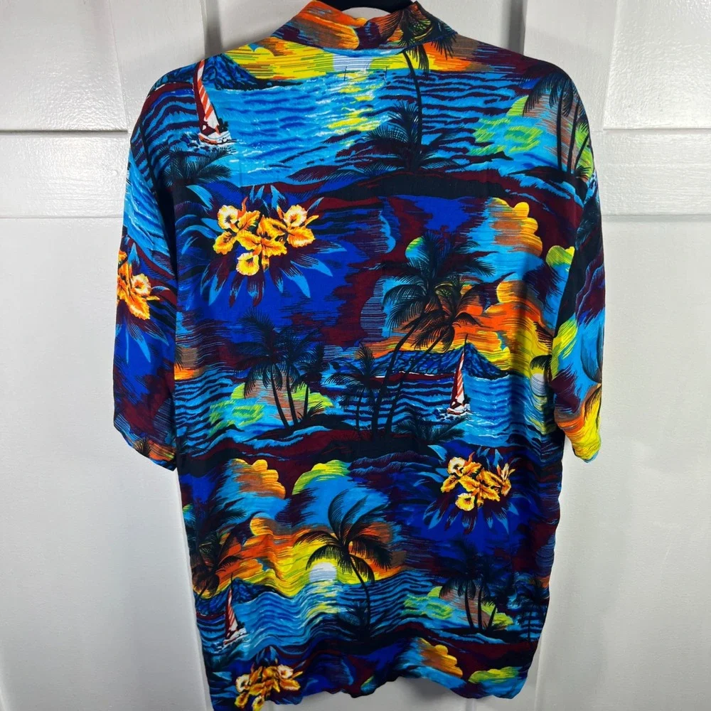 M&B Mens XXL Tropical Island Sunset Palm Tree Hibiscus Aloha Camp Shirt Blue